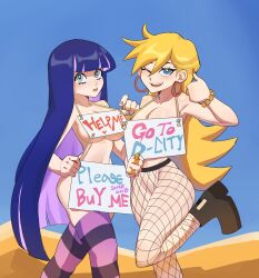 Rule 34 | 2girls, absurdres, blonde hair, blue eyes, boots, boots only, bracelet, earrings, english text, exhibitionism, fishnet thighhighs, fishnets, grey eyes, highres, hyyun ho, jewelry, multiple girls, naked socks, nude, outdoors, panty &amp; stocking with garterbelt, panty (psg), public indecency, purple hair, sign, socks, socks only, stocking (psg), thighhighs, twitter
