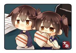 Rule 34 | 2girls, :&lt;, :d, alternate costume, black hair, blush, brown eyes, candy, carrying, chibi, chocolate, chocolate heart, commentary request, dual persona, food, heart, holding, japanese clothes, kaga (kancolle), kantai collection, mini person, minigirl, multiple girls, open mouth, paper, side ponytail, smile, taisa (kari), tasuki, white chocolate