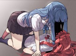 Rule 34 | 2girls, all fours, black skirt, black socks, blue bow, blue bowtie, blue hair, bow, bowtie, commentary, covered face, dress shirt, dripping, facing another, film grain, grey background, hair spread out, highres, knee up, kotonoha akane, kotonoha aoi, liquid, long hair, lying, multiple girls, on back, on floor, one side up, pinned, pleated skirt, red bow, red bowtie, red hair, red socks, school uniform, shirt, siblings, sidelocks, sisters, skirt, socks, toriniku29, voiceroid