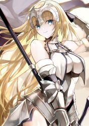 Rule 34 | 1girl, armor, armored dress, blonde hair, blue eyes, breast curtains, breasts, chain, collar, commentary, dress, fate/apocrypha, fate/grand order, fate (series), faulds, flag, gauntlets, headpiece, highres, jeanne d&#039;arc (fate), jeanne d&#039;arc (ruler) (fate), jeanne d&#039;arc (third ascension) (fate), kino kokko, large breasts, long hair, looking at viewer, metal collar, plackart, polearm, smile, solo, sword, very long hair, weapon, white dress