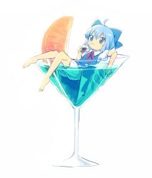 Rule 34 | 1girl, ahoge, ayakashi (monkeypanch), bare legs, barefoot, blue bow, blue dress, blue eyes, blue hair, bow, cirno, cirno day, cocktail glass, collared shirt, cup, detached wings, dress, drinking, drinking glass, fairy, fairy wings, flat chest, food, fruit, full body, hair bow, highres, holding, holding cup, ice, ice wings, in container, in cup, lying, mini person, minigirl, neck ribbon, pinafore dress, puffy short sleeves, puffy sleeves, red ribbon, ribbon, shirt, short hair, short sleeves, simple background, sleeveless, sleeveless dress, solo, touhou, white background, white shirt, wings