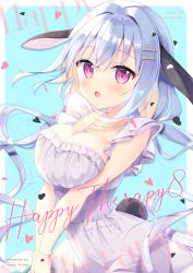 Rule 34 | 1girl, :d, animal ears, aoi yun, bare arms, breasts, cleavage, cover, cover page, dress, grey hair, hair between eyes, hair ornament, hairclip, heart, large breasts, light brown hair, looking at viewer, multicolored hair, open mouth, original, purple eyes, rabbit ears, rabbit girl, rabbit tail, sleeveless, sleeveless dress, smile, solo, tail, translation request, two-tone hair, white dress
