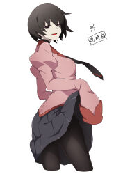 Rule 34 | 1girl, absurdres, black eyes, black hair, black necktie, black pantyhose, breasts, clothes lift, commentary, commission, cropped legs, dated, empty eyes, eyelashes, from behind, grey skirt, hair between eyes, highres, juliet sleeves, lifted by self, long sleeves, looking at viewer, looking back, medium breasts, monogatari (series), naoetsu high school uniform, necktie, nishizuki shino, open mouth, oshino ougi, pantyhose, pink shirt, pleated skirt, puffy sleeves, school uniform, shirt, short hair, simple background, skirt, skirt lift, sleeves past fingers, sleeves past wrists, solo, thighs, translated, white background