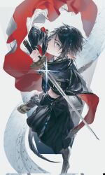 Rule 34 | 1boy, animal ears, arknights, black hair, blonde hair, blue eyes, cape, closed mouth, earrings, highres, holding, holding sword, holding weapon, horns, jewelry, long hair, looking at viewer, male focus, pointy ears, shirt, simple background, skolly, solo, sword, tail, weapon, white background, zuo le (arknights)