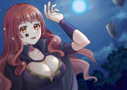 Rule 34 | 1girl, black cape, bodysuit, breasts, cape, choker, cleavage, commentary request, fire emblem, fire emblem engage, ha (pixiv2276), hair ornament, highres, jewelry, large breasts, long hair, looking at viewer, moon, night, night sky, nintendo, one eye closed, outdoors, pink choker, purple bodysuit, red hair, ring, short sleeves, sky, smile, solo, star (sky), star (symbol), star hair ornament, tree, wavy hair, yellow eyes, yunaka (fire emblem)