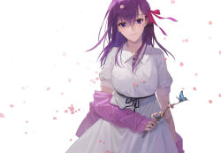Rule 34 | 1girl, blue eyes, branch, breasts, bug, butterfly, cherry blossoms, closed mouth, dress, facing viewer, fate/stay night, fate (series), hair ribbon, hand up, highres, holding, holding branch, bug, jacket, kuromamechabita, looking at viewer, matou sakura, medium breasts, official alternate costume, open clothes, open jacket, petals, pink jacket, puffy short sleeves, puffy sleeves, purple hair, red ribbon, ribbon, short sleeves, simple background, smile, solo, white background, white dress