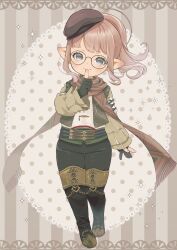 Rule 34 | 1girl, absurdres, belt, beret, brown hair, brown scarf, chii (pixiv20756878), final fantasy, final fantasy xiv, finger to mouth, flat chest, full body, glasses, gloves, green hat, green jacket, green pants, green vest, grey eyes, hat, head tilt, highres, jacket, lalafell, long bangs, looking at viewer, medium hair, multiple belts, nail polish, pants, partially fingerless gloves, pointy ears, polka dot, polka dot background, ponytail, scarf, shirt, shushing, solo, striped, striped background, thick eyelashes, vest, warrior of light (ff14), white shirt