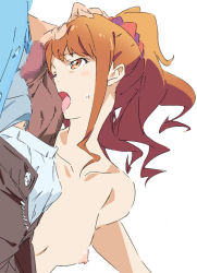 Rule 34 | 10s, 1boy, 1girl, breasts, censored, clothed male nude female, eromanga sensei, fellatio, hand on another&#039;s head, hetero, jinno megumi, looking back, mosaic censoring, nipples, nude, one eye closed, open fly, open pants, oral, orange eyes, orange hair, pants, penis, penis on face, ponytail, ringlets, scrunchie, small breasts, solo focus, sweatdrop, tongue, tongue out, umanosuke, wince