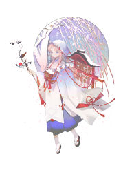 Rule 34 | 1girl, absurdres, bird, branch, character request, chinese commentary, closed mouth, commentary request, ema, flower, full body, highres, holding, holding branch, japanese clothes, kimono, long hair, long sleeves, looking at viewer, onmyoji, pink hair, purple eyes, red flower, sandals, shide, simple background, snow, socks, solo, tabi, tree, tsuioku (908026270), uchikake, white background, white kimono, white socks, wide sleeves