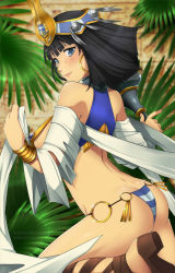 Rule 34 | 1girl, ass, black hair, blue eyes, bracelet, breasts, butt crack, dimples of venus, egyptian, egyptian clothes, high heels, jewelry, large breasts, lips, menace (queen&#039;s blade), panties, queen&#039;s blade, short hair, solo, striped clothes, striped panties, thighs, underboob, underwear