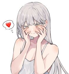 Rule 34 | 1girl, absurdres, bare shoulders, blush, breasts, brown eyes, camisole, cleavage, closed mouth, collarbone, emoji, facing viewer, grey hair, hands on own cheeks, hands on own face, heart, highres, long hair, looking at viewer, looking down, medium breasts, mimelond, original, simple background, solo, thinking emoji, thought bubble, upper body, white background, white camisole