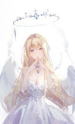 Rule 34 | 1girl, angel, angel wings, arms up, blonde hair, blue eyes, blush, breasts, cleavage, commentary, detached sleeves, dress, hair ribbon, halo, head tilt, jewelry, large breasts, long hair, looking to the side, naru (ul), necklace, original, oversized object, praying, ribbon, see-through, see-through sleeves, simple background, solo, strapless, strapless dress, symbol-only commentary, upper body, white background, white dress, white ribbon, white sleeves, wings