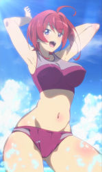 Rule 34 | 1girl, anime screenshot, blue eyes, breasts, cameltoe, cloud, covered erect nipples, highres, large breasts, momo kyun sword, red hair, ringo (momo kyun sword), screencap, short hair, sky, solo, swimsuit, thick thighs, thighs