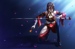 Rule 34 | 1girl, bare shoulders, black hair, breasts, closed mouth, detached sleeves, full body, glint, hair between eyes, highres, hip vent, holding, holding sword, holding weapon, japanese clothes, katana, kneeling, kunoichi kaen, large breasts, last origin, looking at viewer, ninja, on one knee, petals, red eyes, sechna21, serious, short hair, solo, sword, weapon