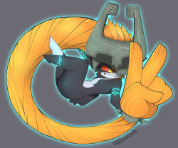 Rule 34 | 1girl, absurdres, artist name, colored sclera, colored skin, fang, female focus, flat chest, floating, full body, grey background, happy, helmet, highres, long hair, midna, multicolored skin, nintendo, orange hair, pointy ears, prehensile hair, red eyes, signature, simple background, smile, solo, teeth, the legend of zelda, the legend of zelda: twilight princess, two-tone skin, v, very long hair, whygena, yellow sclera