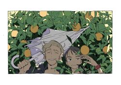 Rule 34 | 2boys, black jacket, blonde hair, border, brown hair, choppy bangs, clenched hand, closed eyes, closed umbrella, commission, curtained hair, facial hair, facing viewer, foliage, food, fruit, grey eyes, grimace, grin, hand up, highres, holding, holding umbrella, jacket, leaf, lemon, looking to the side, memotyoumemo, multiple boys, open hand, original, parted bangs, plant, portrait, short hair, side-by-side, skeb commission, smile, squinting, straight-on, stubble, umbrella, uneven eyes, watch, white border, white umbrella, wristwatch