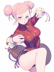Rule 34 | 1girl, bare legs, blush, braid, breasts, brown eyes, china dress, chinese clothes, double bun, dress, enkyo yuuichirou, fighting stance, fingernails, gourd, highres, hisho collection, leg lift, long hair, looking at viewer, medium breasts, original, parted lips, pink hair, red dress, short shorts, shorts, simple background, solo, tassel, white background, zipper