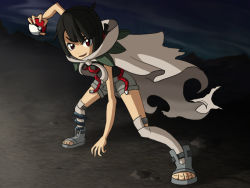 Rule 34 | 1girl, anklet, black hair, boots, cloak, creatures (company), dark skin, feet, female focus, game freak, jewelry, legs, looking at viewer, nintendo, open mouth, poke ball, pokemon, red eyes, sandals, short hair, short shorts, shorts, smile, solo, toeless footwear, toenails, toes, zinnia (pokemon)