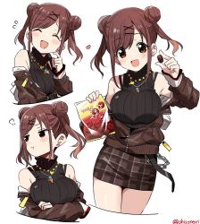Rule 34 | 1girl, black sweater, blush stickers, breast hold, breasts, brown hair, brown jacket, candy, chain, chocolate, cowboy shot, crossed arms, double bun, earrings, closed eyes, finger to cheek, food, hair ornament, hairclip, heart, heart earrings, idolmaster, idolmaster shiny colors, jacket, jewelry, long sleeves, looking at viewer, looking away, medium breasts, medium hair, miniskirt, multiple views, nail polish, necklace, off shoulder, open mouth, partially unzipped, pink nails, plaid, plaid skirt, pout, red eyes, ribbed sweater, shisoneri, short twintails, simple background, skirt, sleeveless, sleeveless sweater, sleeveless turtleneck, smile, sonoda chiyoko, sweatdrop, sweater, thighs, turtleneck, turtleneck sweater, twintails, twitter username, white background, x hair ornament