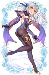 Rule 34 | 1girl, :d, ass, black gloves, black pantyhose, blue leotard, blue ribbon, commentary request, commission, cosplay, detached sleeves, earrings, elbow gloves, fire emblem, fire emblem: radiant dawn, genshin impact, gloves, hair ribbon, high heels, highres, jewelry, leotard, long hair, long sleeves, looking at viewer, micaiah (fire emblem), mona (genshin impact), mona (genshin impact) (cosplay), nintendo, open mouth, pantyhose, ribbon, skeb commission, smile, solo, strapless, strapless leotard, thighlet, thighs, white background, white hair, yam (yamap mako), yellow eyes