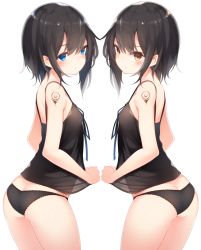 Rule 34 | 2girls, ass, bare arms, bare legs, bare shoulders, black hair, black panties, black ribbon, blush, breasts, butt crack, chemise, closed mouth, highres, looking at viewer, multiple girls, orange eyes, original, otokuyou, panties, profile, ribbon, short hair, shoulder tattoo, simple background, small breasts, tattoo, underwear, white background