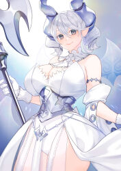 Rule 34 | 1girl, breasts, cleavage, demon girl, demon horns, demon wings, dress, duel monster, gloves, grey eyes, grey hair, highres, horns, large breasts, looking at viewer, lovely labrynth of the silver castle, low wings, multiple wings, pointy ears, smile, solo, transparent wings, twintails, vulture (washizu0808), weapon, white gloves, white hair, white horns, wings, yu-gi-oh!