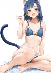 1girl animal_ears barefoot blue_bra blue_hair blue_panties bra cat_ears cat_tail highres medium_hair original panties rauto sitting solo tail underwear underwear_only