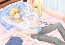 Rule 34 | 1boy, 1girl, absurdres, ahoge, artoria pendragon (all), artoria pendragon (fate), bed, blonde hair, bracelet, clothes lift, couple, fate/zero, fate (series), gilgamesh (fate), girl on top, green eyes, hair down, hetero, highres, jewelry, katze (776642), long hair, necklace, on bed, panties, pillow, red eyes, saber (fate), shirt lift, striped clothes, striped panties, underwear, undressing