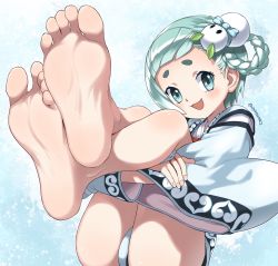 Rule 34 | 1girl, artist name, ass, barefoot, blue background, blush, braid, character request, crossed arms, crossed legs, eyebrows, eyelashes, feet, feet up, fingernails, foot focus, foreshortening, green eyes, green hair, hair ornament, highres, holding, japanese clothes, legs, legs up, looking at viewer, open mouth, oyatsu (mk2), panties, pov, robe, short hair, simple background, sitting, smile, snowman, snowman hair ornament, soles, solo, thick eyebrows, thighs, toes, tongue, underwear, wonderland wars