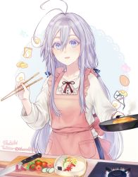 Rule 34 | 1girl, 86 -eightysix-, alternate hairstyle, antenna hair, apron, bento, blue eyes, blue ribbon, blush, chopsticks, commentary request, commission, cooking, cucumber, egg, fingernails, food, frying pan, grey hair, hair between eyes, highres, holding, holding chopsticks, holding frying pan, knife, long sleeves, looking at viewer, low twintails, open mouth, pink apron, pocket, ribbon, rice, sausage, shanabi0610, shirt, sidelocks, signature, simple background, skeb commission, solo, sweat, tomato, twintails, twitter username, vladilena millize, white background, white shirt