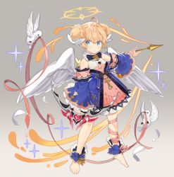 Rule 34 | 1girl, ahoge, arrow (projectile), bare shoulders, barefoot, bird, blonde hair, blue dress, bow (weapon), braid, copyright request, detached sleeves, double bun, dress, full body, halo, highres, holding, holding bow (weapon), holding weapon, looking at viewer, short hair, solo, vonokim, weapon, white bird, white wings, wide sleeves, wings