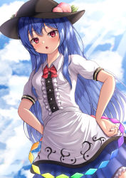 Rule 34 | 1girl, apron, black hat, blouse, blue bow, blue hair, blue skirt, bow, bowtie, buttons, cross-laced footwear, dress shirt, food, frills, fruit, hat, highres, hinanawi tenshi, leaf, long hair, neck ribbon, peach, puffy short sleeves, puffy sleeves, rainbow gradient, rainbow order, red bow, red eyes, reijing etrn, ribbon, shirt, short sleeves, simple background, skirt, solo, touhou, white background, white shirt, wing collar