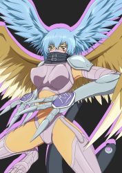 Rule 34 | 1girl, artist request, belt, breasts, curvy, digimon, expressionless, harpy, head wings, highres, large breasts, legs apart, looking at viewer, mask, monster girl, navel, revealing clothes, scarf, shiny skin, shutumon, solo, splashbrush, thighs, thong, wide hips, wings