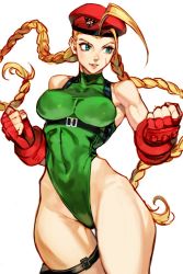Rule 34 | 1girl, ahoge, beret, blonde hair, braid, cammy white, capcom, covered navel, curvy, fingerless gloves, gloves, green eyes, green leotard, harness, hat, highleg, highleg leotard, highres, huge ahoge, leotard, light smile, long hair, red gloves, scar, shiny skin, simple background, skin tight, solo, street fighter, street fighter ii (series), thighs, thong leotard, twin braids, uncle rabbit ii, very long hair, white background