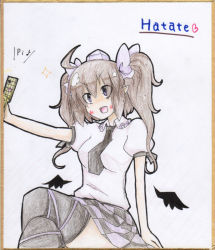 Rule 34 | &gt;:d, 1girl, :d, ahoge, black thighhighs, black wings, brown hair, cellphone, character name, detached wings, earlgrey, female focus, hat, heart, himekaidou hatate, long hair, low wings, necktie, no nose, open mouth, phone, pointy ears, puffy sleeves, purple eyes, shikishi, short sleeves, smile, solo, thighhighs, tokin hat, touhou, traditional media, twintails, v-shaped eyebrows, wings
