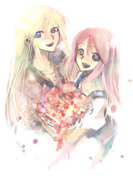 2girls :d bad_id blonde_hair blue_eyes bouquet commentary_request flower hair_between_eyes holding holding_bouquet kaleido_star kei_(keigarou) layla_hamilton long_hair multiple_girls naegino_sora open_mouth pink_hair purple_eyes short_sleeves simple_background smile teeth upper_teeth_only white_background