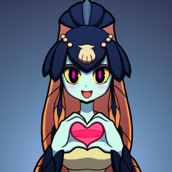 Rule 34 | 1girl, blue background, blue skin, blush, colored sclera, colored skin, fish girl, heart, heart hands, looking at viewer, minette (skullgirls), monster girl, open mouth, pink eyes, scales, seashell, shell, shisen, skullgirls, smile, solo, yellow sclera
