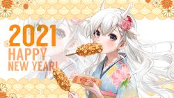 Rule 34 | 1girl, 2021, animal ears, blue kimono, blush, braid, corn dog, cow ears, cow horns, crossed bangs, earrings, eyebrows hidden by hair, floral background, floral print, flower, food in mouth, french braid, gradient clothes, green eyes, hair between eyes, hair flower, hair ornament, highres, hisakawa hayate, horns, idolmaster, idolmaster cinderella girls, idolmaster cinderella girls starlight stage, japanese clothes, jewelry, kimono, long hair, looking at viewer, new year, peony print, pink flower, pink rose, rose, seigaiha, solo, sowb, upper body, white hair, zoom layer