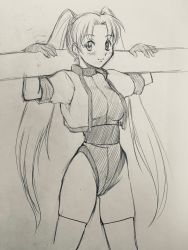 Rule 34 | 1girl, arms up, athletic leotard, cropped jacket, gloves, jacket, leotard, long hair, missile, monochrome, namco, nanao futaba, numan athletics, sharon les halles, short sleeves, sketch, smile, solo, thighhighs, traditional media, twintails