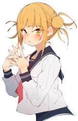 Rule 34 | 1girl, absurdres, black sailor collar, blonde hair, blush, boku no hero academia, closed mouth, hair bun, highres, long sleeves, looking at viewer, neckerchief, rasusurasu, red neckerchief, sailor collar, school uniform, serafuku, shirt, short hair, simple background, solo, swimsuit, swimsuit under clothes, toga himiko, white background, white shirt, yellow eyes