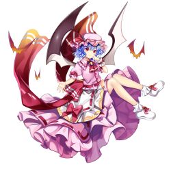 Rule 34 | 1girl, ascot, bat (animal), bat wings, blue hair, closed mouth, full body, game cg, hat, hat ribbon, highres, looking at viewer, mob cap, pink hat, pink shirt, pink skirt, red ascot, red eyes, red ribbon, remilia scarlet, ribbon, rotte (1109), shirt, short hair, short sleeves, simple background, skirt, solo, third-party source, touhou, touhou lostword, white background, white footwear, wings, wrist cuffs