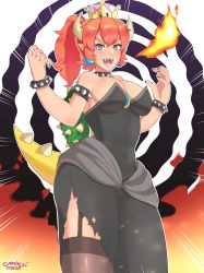Rule 34 | 1girl, armlet, artist name, bare shoulders, black dress, black nails, black thighhighs, blue eyes, blush, bowsette, bracelet, breasts, breath weapon, breathing fire, cleavage, collar, covered navel, crown, dress, earrings, emphasis lines, female focus, fire, garter straps, hands up, happy, highres, horns, jewelry, jpeg artifacts, large breasts, mario (series), nail polish, new super mario bros. u deluxe, nintendo, open mouth, outline, ponytail, red hair, sarukaiwolf, sharp teeth, shiny skin, side slit, signature, smile, solo, spiked bracelet, spiked collar, spiked shell, spikes, standing, strapless, strapless dress, super crown, teeth, thighhighs, torn clothes, torn dress, turtle shell, watermark, white outline