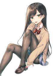 Rule 34 | 1girl, black pantyhose, blue skirt, blush, bow, bowtie, brown cardigan, brown footwear, brown hair, cardigan, collared shirt, diagonal-striped bow, diagonal-striped bowtie, diagonal-striped clothes, diagonal-striped neckwear, fingernails, green eyes, hand up, loafers, long hair, long sleeves, midorikawa you, mole, mole under eye, nail polish, original, pantyhose, parted lips, pink nails, plaid, plaid skirt, pleated skirt, red bow, red bowtie, school uniform, shirt, shoes, simple background, sitting, skirt, sleeves past wrists, smile, solo, striped bow, striped bowtie, striped clothes, striped neckwear, very long hair, white background, white shirt
