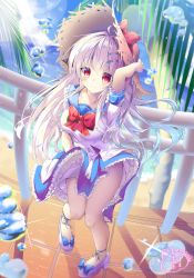 Rule 34 | 1girl, ahoge, alternate costume, artist logo, artist name, azur lane, bad id, bad pixiv id, bare legs, beach, blouse, blue skirt, blurry, blurry background, blush, bow, bowtie, breasts, cloud, cloudy sky, cygnet (azur lane), day, frilled skirt, frills, full body, glint, hair ornament, hairclip, hand on headwear, hat, hat bow, highres, lens flare, long hair, looking at viewer, medium breasts, mitsuhamochi, ocean, outdoors, palm tree, platform footwear, railing, red bow, red bowtie, red eyes, shirt, short sleeves, silver hair, skirt, sky, smile, solo, standing, straw hat, sunlight, thighs, tree, twitter username, water, water drop, white footwear, white shirt, wind, wind lift