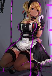 Rule 34 | 1girl, absurdres, agetama, apron, arms behind back, blonde hair, bound, bound arms, breasts, chain, chained, cleavage, dark-skinned female, dark skin, earrings, garter straps, grey eyes, highres, idolmaster, idolmaster shiny colors, izumi mei, jewelry, large breasts, maid, maid apron, maid headdress, restrained, solo, squatting, tan, thighhighs