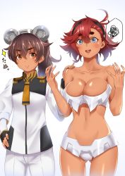 Rule 34 | 2girls, 30 minutes sisters, ahoge, alternate breast size, animal ears, bikini, black hairband, blush, breasts, brown eyes, brown hair, cleavage, collarbone, commentary, cosplay, costume switch, dark-skinned female, dark skin, embarrassed, gundam, gundam suisei no majo, hairband, hand on another&#039;s shoulder, high ponytail, highres, large breasts, long hair, low ponytail, luluce (30ms), multiple girls, muto dt, red hair, shiny skin, speech bubble, strapless, strapless bikini, suletta mercury, sweat, swimsuit, trait connection, translation request, uniform, upper body, white background, white bikini