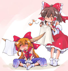 Rule 34 | 2girls, anger vein, bare shoulders, blonde hair, bow, brown hair, butterfly sitting, detached sleeves, dress, drying clothes, closed eyes, hair bow, hair tubes, hakurei reimu, highres, horns, ibuki suika, laundry, laundry pole, long sleeves, multiple girls, musical note, open mouth, ponytail, red dress, shinapuu, shirt, sitting, skirt, sleeveless, sleeveless shirt, smile, standing, touhou, v arms, wide sleeves, | |