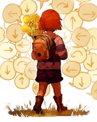 Rule 34 | androgynous, arrow (symbol), backpack, bag, blind, boots, brown hair, flower, flowey (undertale), frisk (undertale), from behind, gender request, highres, shirt, shorts, striped clothes, striped shirt, undertale, velinxi
