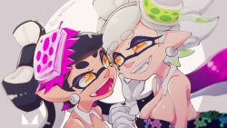 Rule 34 | + +, black dress, black hair, breasts, callie (splatoon), character name, chichi band, cleavage, commentary, detached collar, dress, earrings, fang, fangs, food, food on head, gloves, grey hair, grin, half-closed eyes, hand on another&#039;s face, heart, holding hands, incest, inkling, interlocked fingers, jewelry, large breasts, long hair, marie (splatoon), mole, mole under eye, nintendo, object on head, open mouth, pointy ears, short hair, smile, splatoon (series), splatoon 1, strapless, strapless dress, sushi, swept bangs, tentacle hair, white gloves, yellow eyes, yuri
