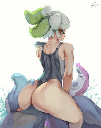 Rule 34 | 1girl, araneesama, ass, back, bare shoulders, bikini, from behind, looking at viewer, looking back, marie (splatoon), nintendo, one-piece swimsuit, one-piece thong, sitting, solo, splatoon (series), swimsuit, tentacles, tentacle hair, thick thighs, thighs, thong one-piece swimsuit, white background, yellow eyes